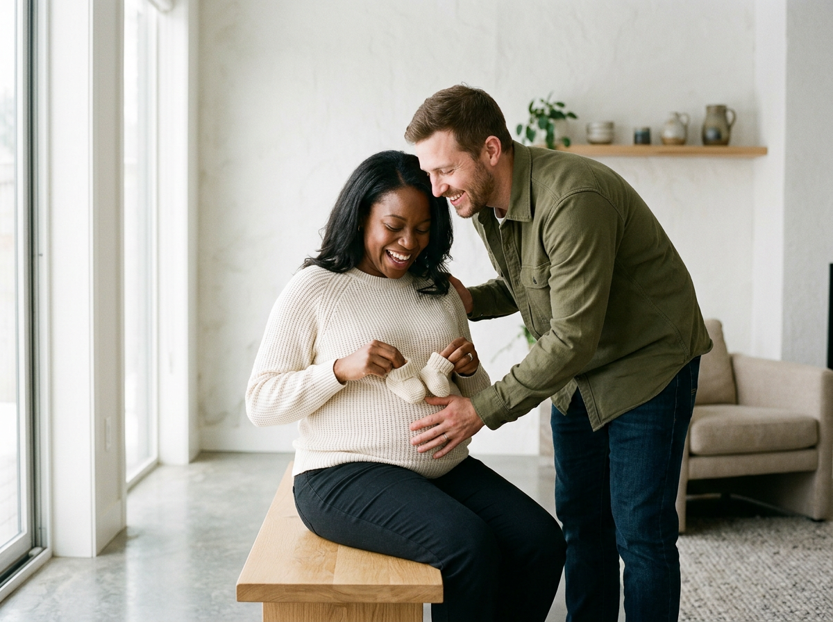 Expectant woman sitting on a wooden bench holding baby socks, smiling as her partner places a hand on her pregnant belly inside a bright living room.