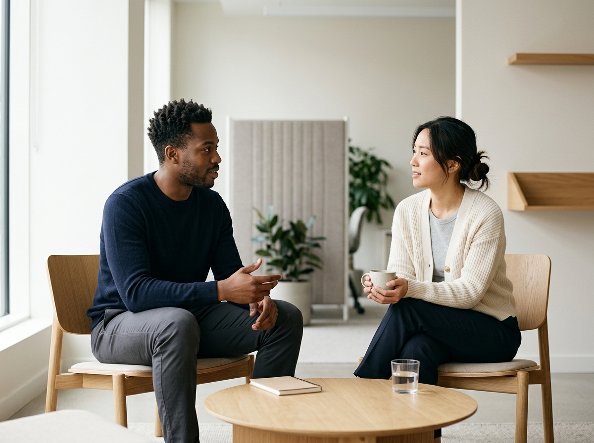 A man and woman having a conversation in a bright, modern room, sitting on wooden chairs across from each other with a small wooden table between them, holding a book, a mug, and a glass of water.