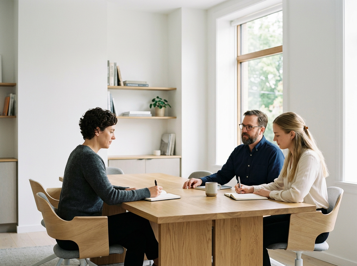 Three people in a meeting room having a discussion at a wooden table with notebooks and coffee mugs.