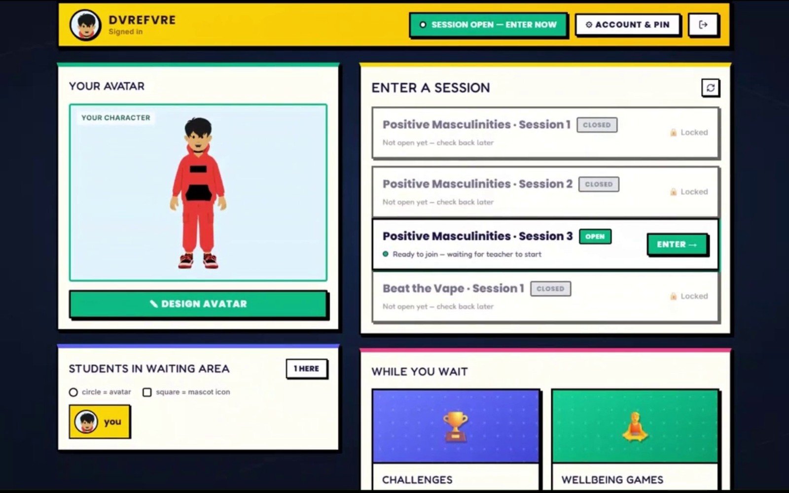 The Beat Modules pupil home screen with avatar, sessions to join and wellbeing games