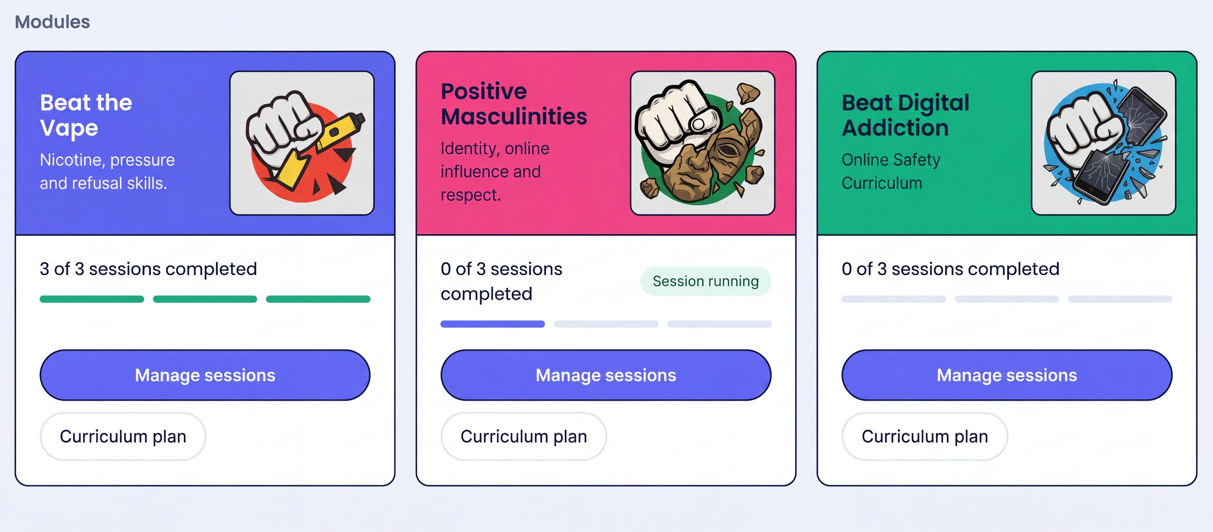 Beat Modules teacher dashboard showing the Beat the Vape, Positive Masculinities and Beat Digital Addiction modules
