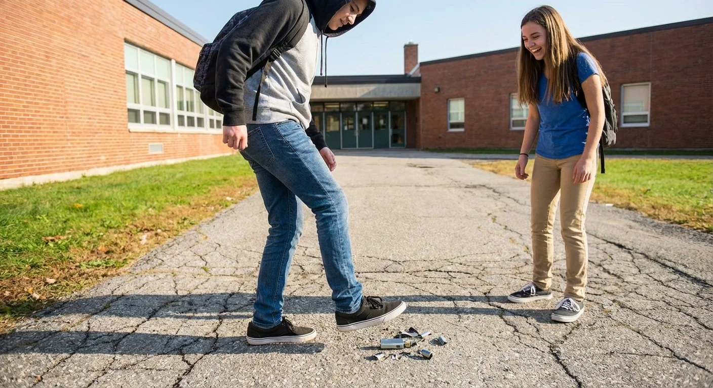 Two teenagers, a boy and a girl, standing on cracked pavement outside a brick school building, playing with a broken electronic device, both smiling and laughing.