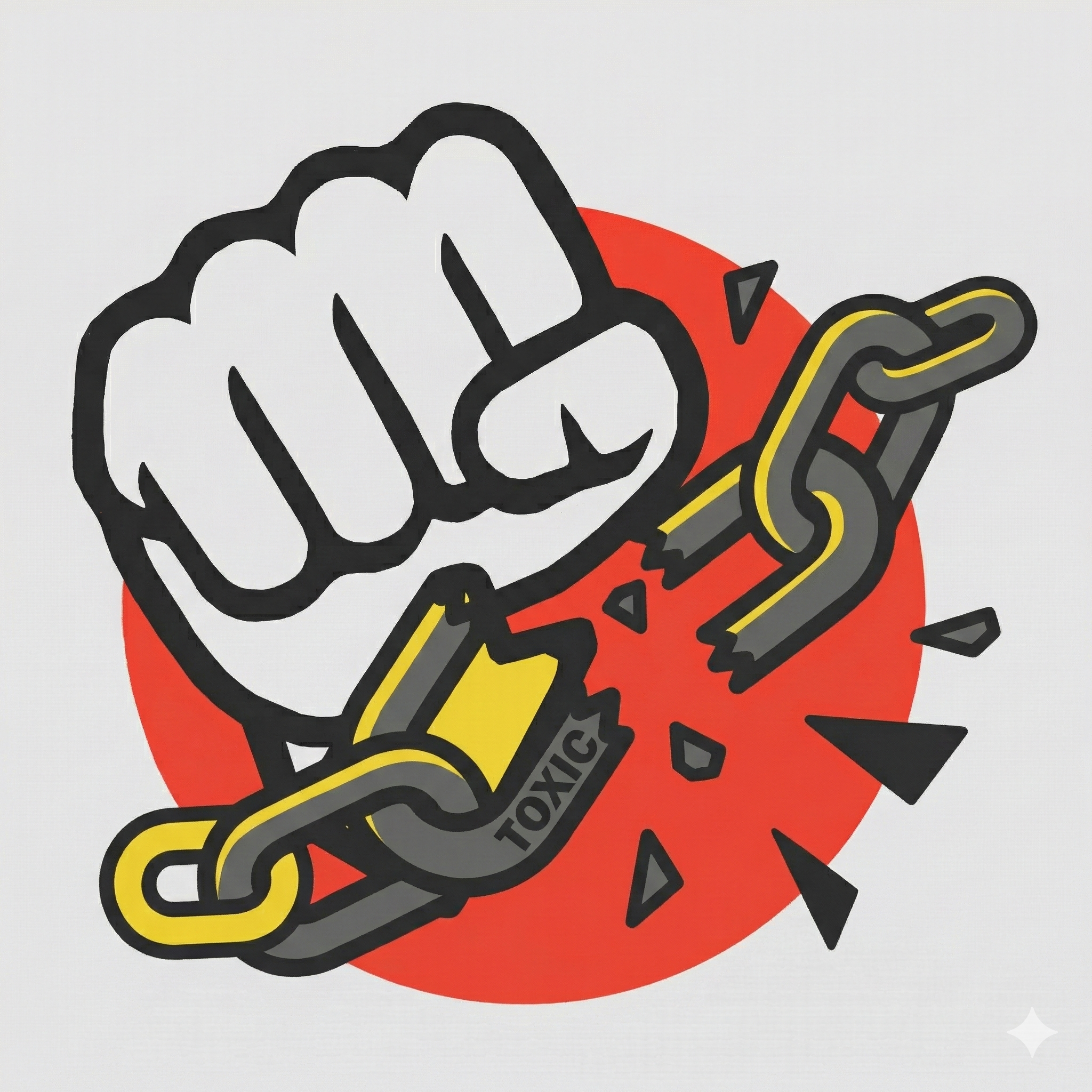 Close-up of a graphic design featuring a white fist with black outline, gripping a red and yellow object, with part of the text 'DONT' visible on the object.