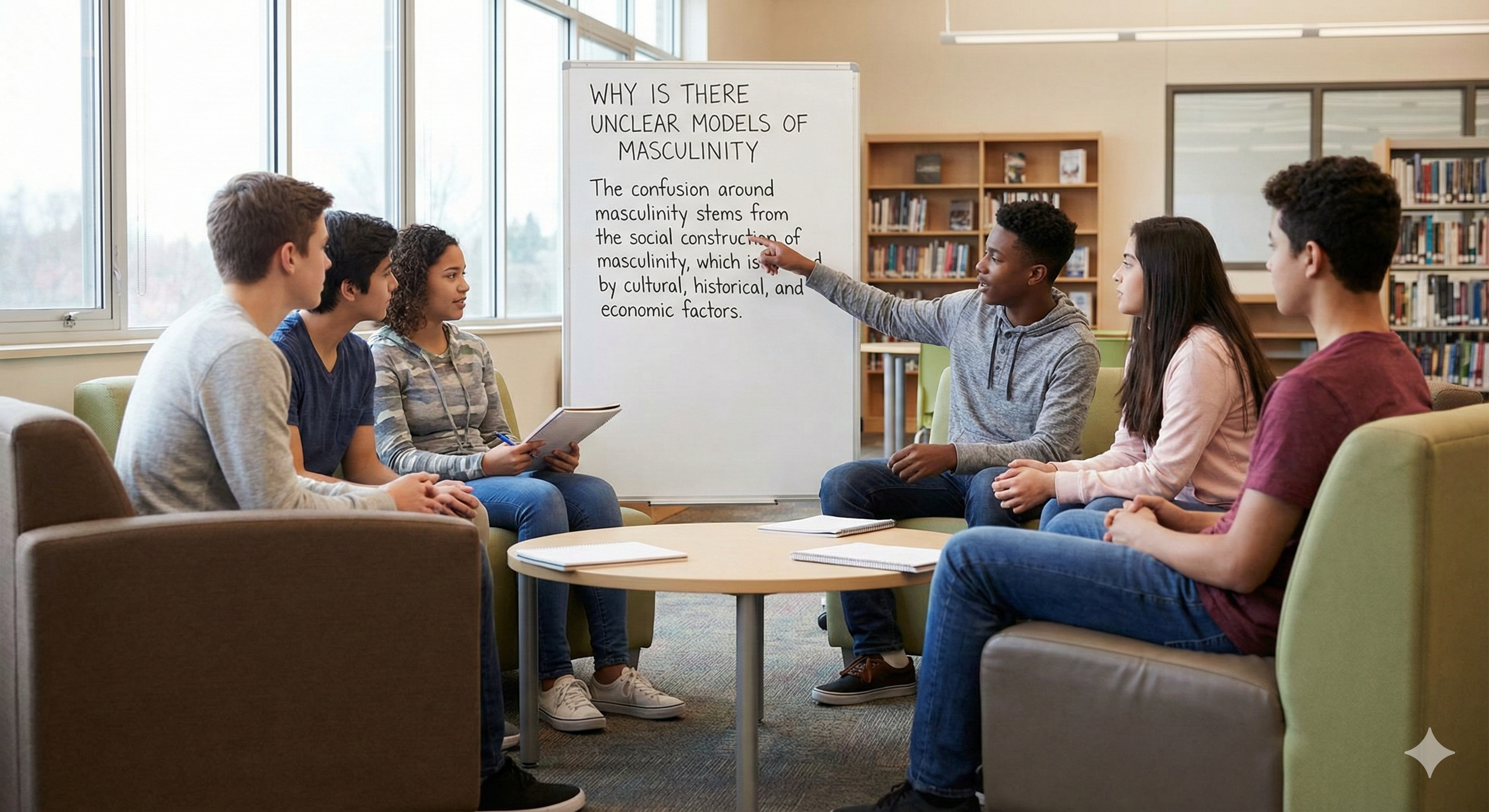 A group of six teenagers sitting in a circle in a library, participating in a discussion or class, with bookshelves and large windows in the background, and a person pointing at a whiteboard with a lesson about masculinity.