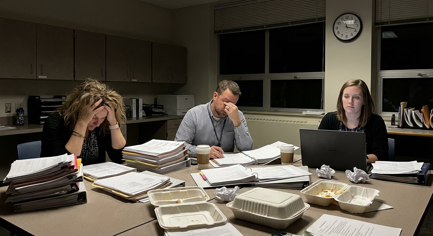 Three stressed office workers sitting at a cluttered table with stacks of paperwork and empty food containers in a dark office conference room, with a clock showing 10:12.