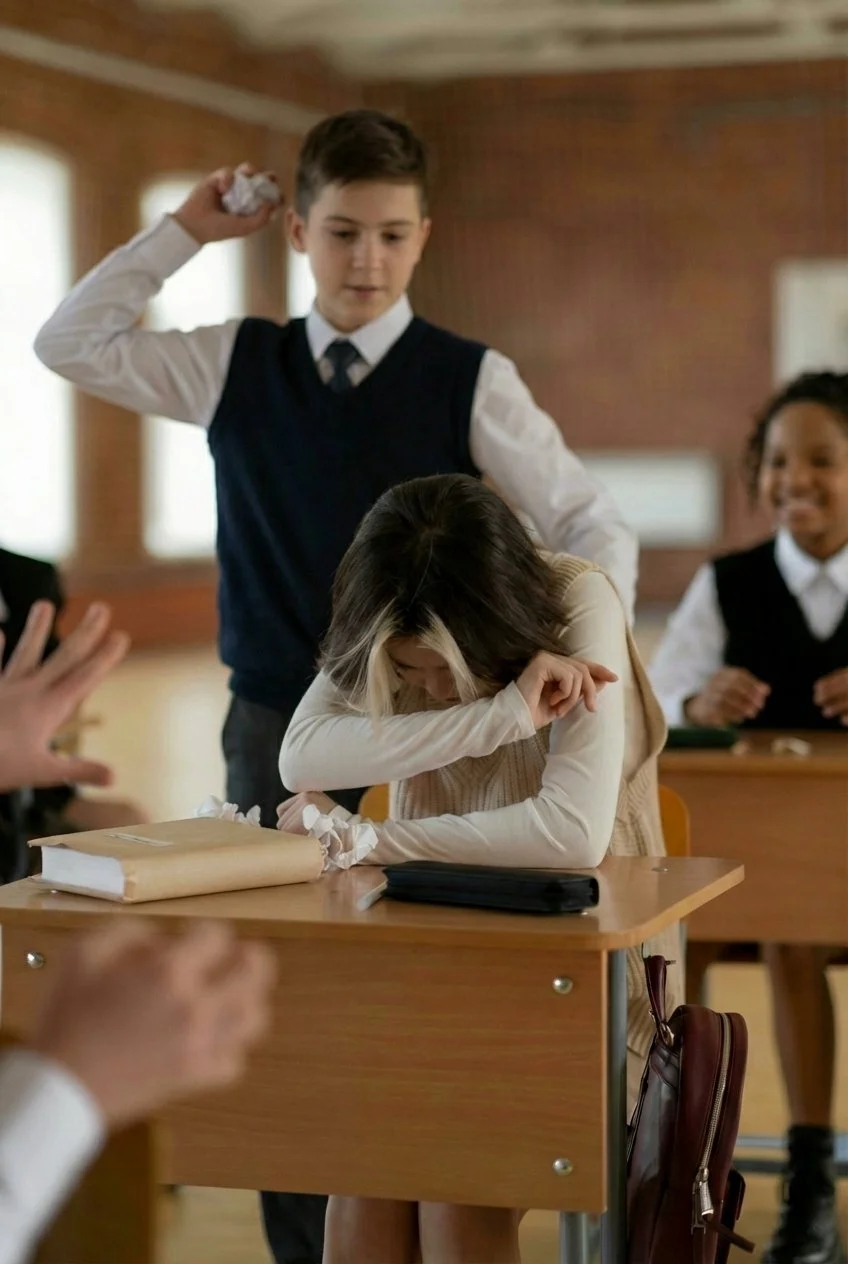 A girl sitting at a desk with her head down and arm covering her face, while a boy standing behind her, holding a tissue and appearing to wipe her face, in a classroom setting with other students and a teacher's hand visible.