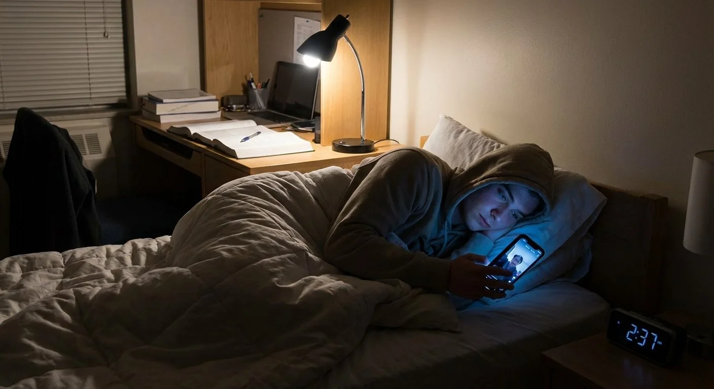 A person lying in bed at night, wearing a hoodie and looking at a smartphone. The bedside clock shows 2:37 AM, and a desk lamp is on in the background.