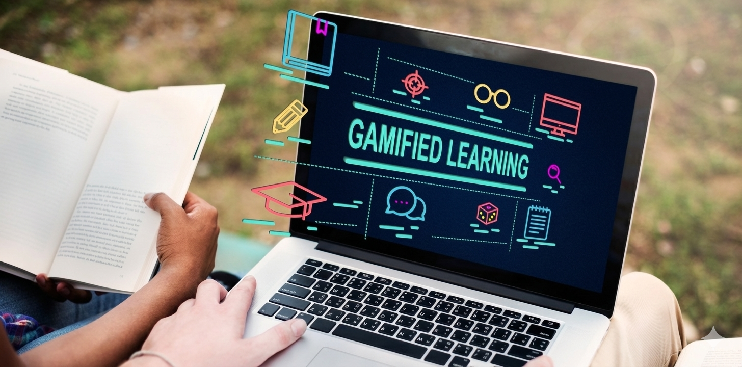 Person holding an open book next to a laptop displaying 'Gamified Learning' with colorful icons related to education and gaming.