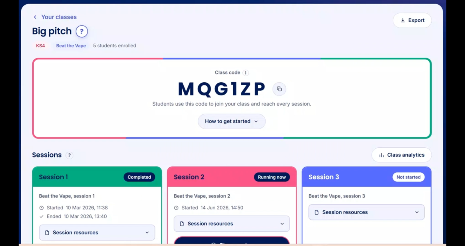 Class page on the Beat Modules platform showing the class code and three sessions