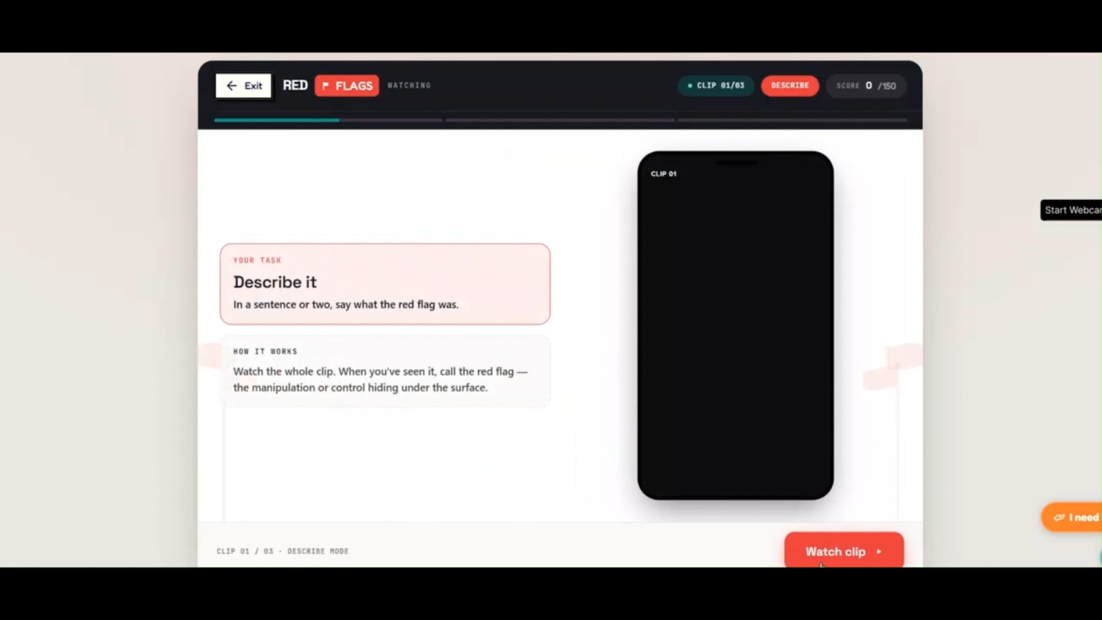 Red Flags game on the Beat Modules platform, asking pupils to describe the red flag in a clip