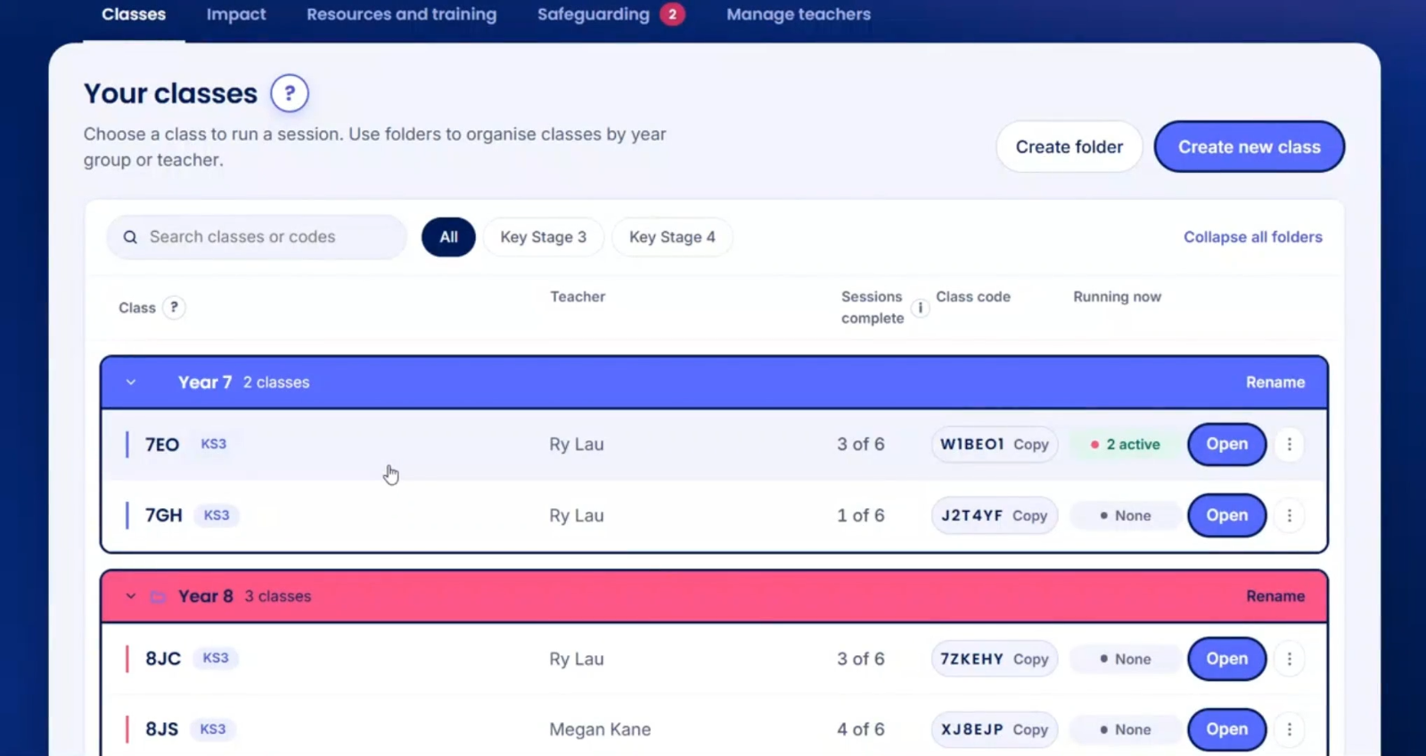 Your classes page on the Beat Modules platform, with classes grouped by year