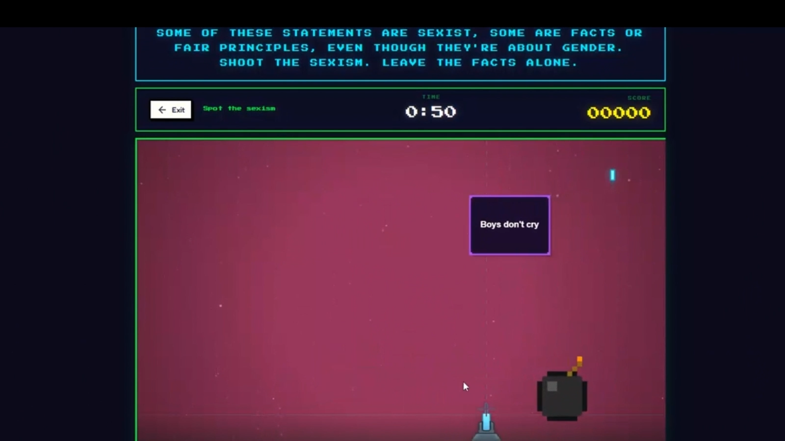 Masculinity Invaders game on the Beat Modules platform, asking pupils to shoot the sexist statements and leave the facts alone
