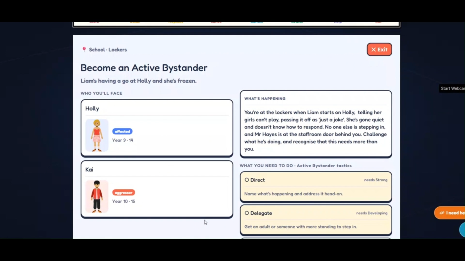 Active Bystander briefing on the Beat Modules platform, setting out the scenario and the response tactics