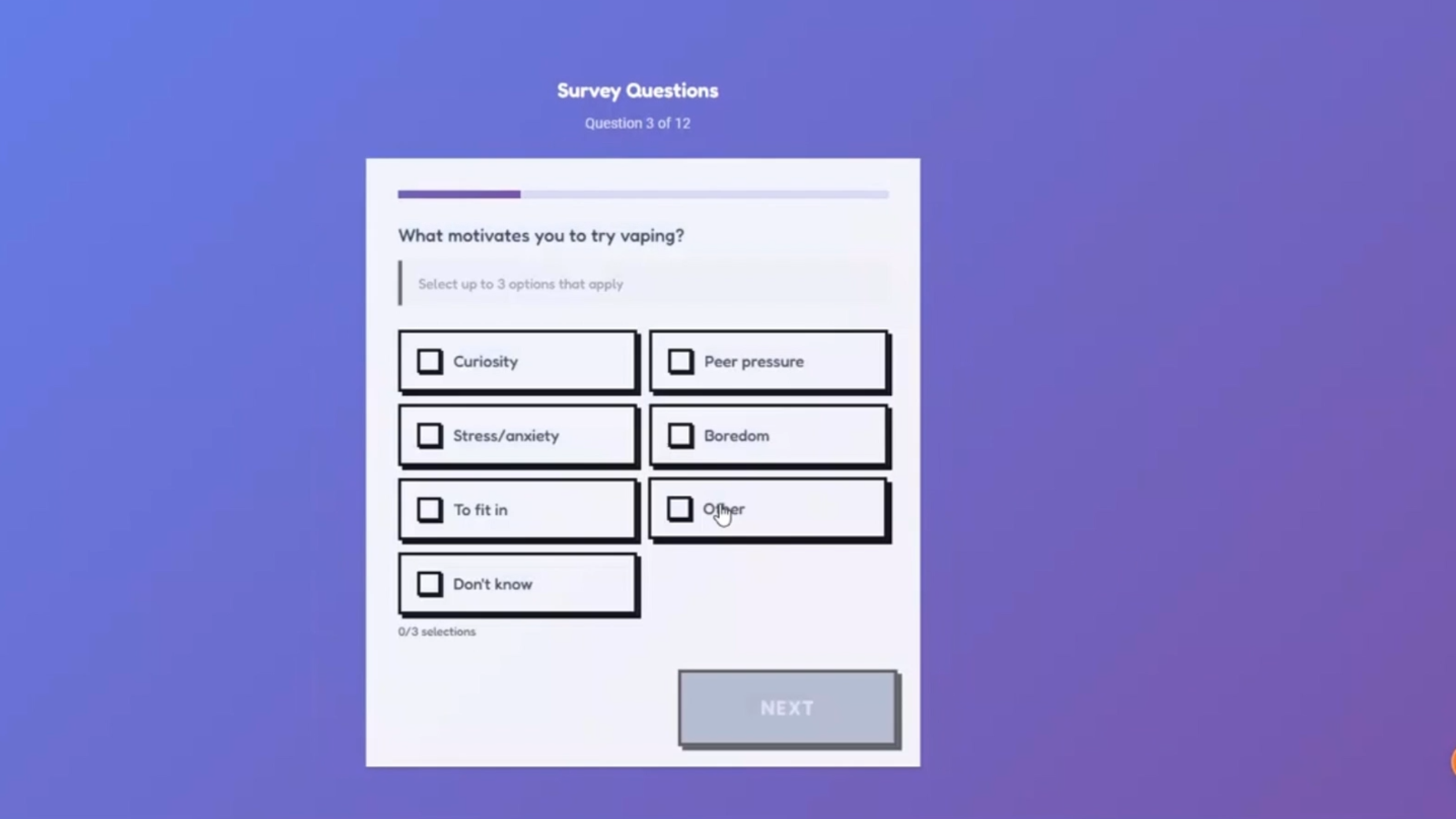 Pupil survey question on the Beat Modules platform asking what motivates young people to try vaping