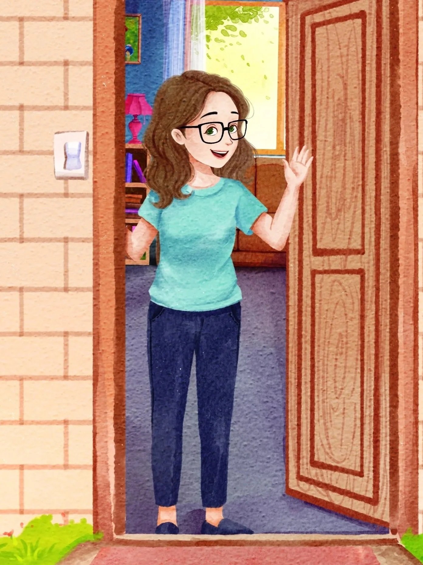 A cartoon woman with glasses, brown wavy hair, wearing a green shirt, dark blue pants, and slippers, standing at an open door and waving.
