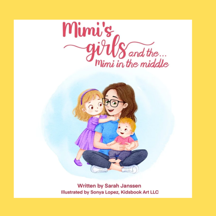Book cover titled "Mimi's girls and the... Mimi in the middle" featuring an illustration of a woman with glasses sitting cross-legged, holding a young girl with purple hair and a purple dress, and a small boy with curly hair sitting on her lap, with a yellow border around the cover.