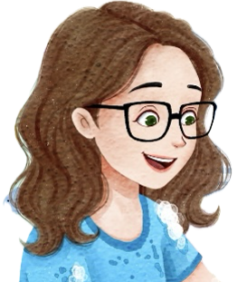 Cartoon illustration of a woman with brown hair, glasses, and a blue shirt, smiling with an open mouth.