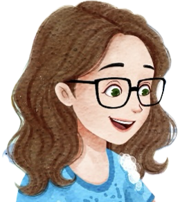 A cartoon woman with long brown hair, glasses, and a blue shirt, smiling with an open mouth.