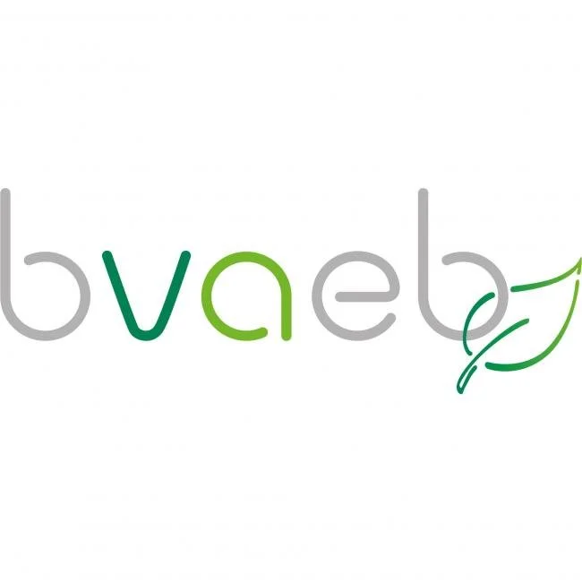 Das Bild zeigt ein Logo mit dem Text 'bvaeb', wobei die Buchstaben in Grau und Grün gestaltet sind und eine stilisierte grüne Blattform an der rechten Seite des Logos angebracht ist.