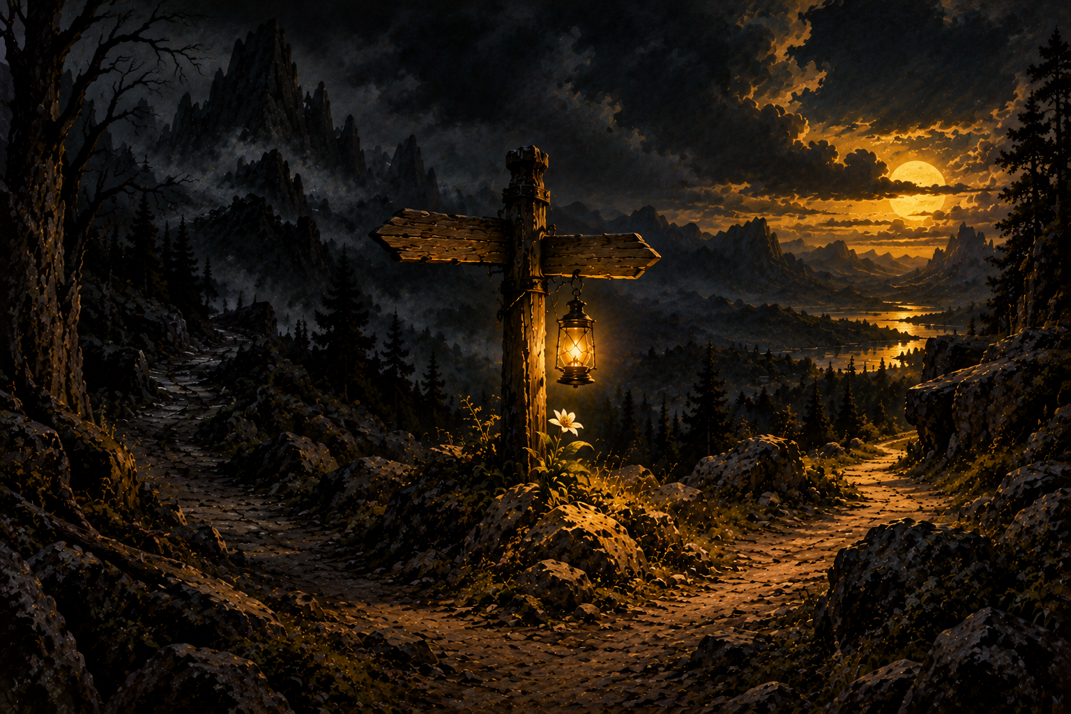 A mystical mountain landscape at dusk with a path, a wooden signpost and lanterns, under a full moon and cloudy sky.