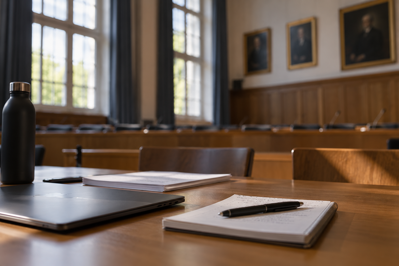 Ein Schulungsraum mit großen Fenstern, Holzvertäfelung und Porträts an der Wand. Auf einem Tisch liegen ein Laptop, ein Wasserkocher, Notizbücher, ein Kugelschreiber und ein Handy.