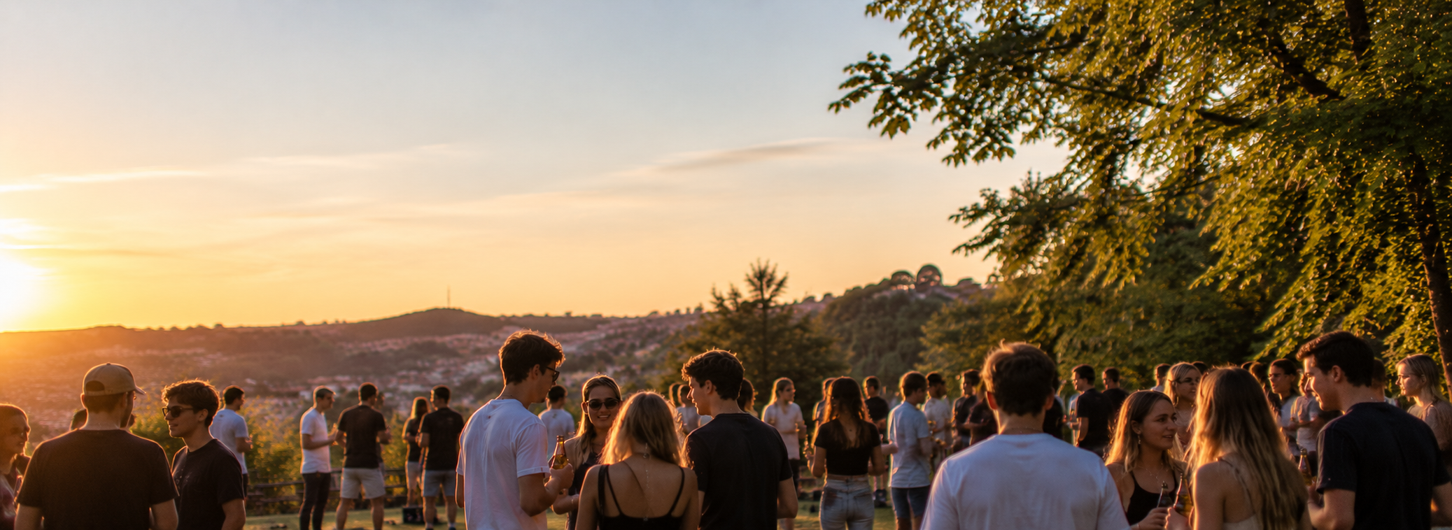 Menschen versammeln sich beim Sonnenuntergang im Freien, wahrscheinlich bei einem Sommerfest oder einer Feier, unter einem großen Baum in einer ländlichen Gegend mit Hügeln im Hintergrund.