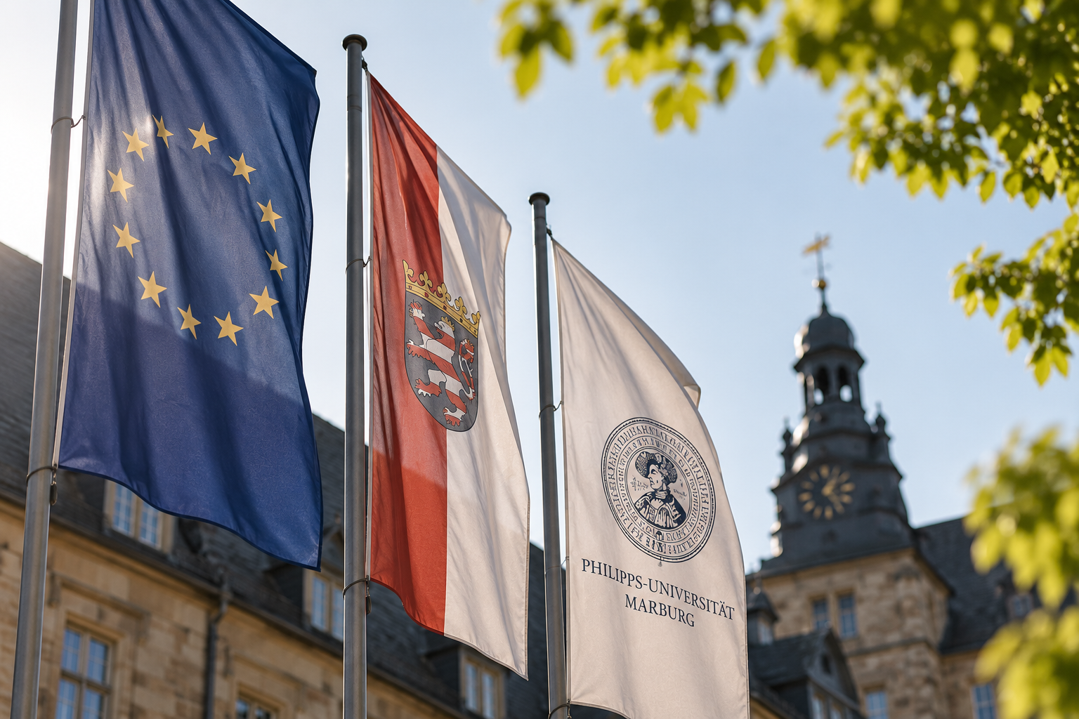 Drei Flaggen: Europäische Union, Rheinland, und Philipps-Universität Marburg, vor historischem Gebäudekomplex mit Uhrturm und Baum im Vordergrund.