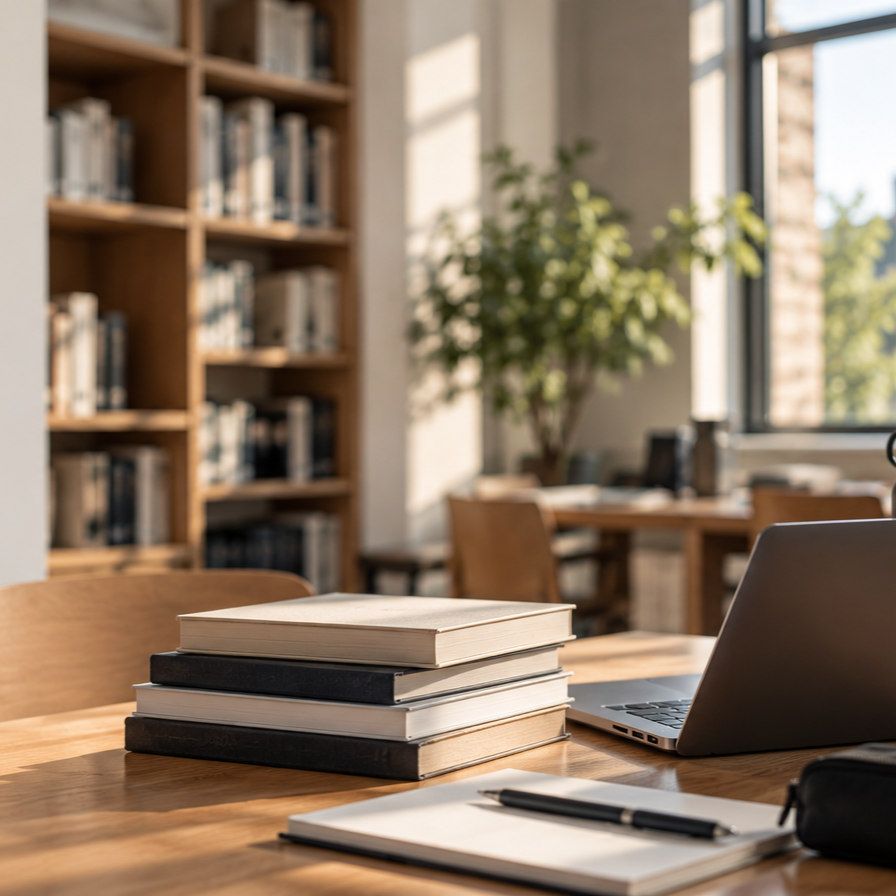 Ein Schreibtisch im Bücherraum mit einem Stapel Bücher, einem Laptop, einem Notizbuch und einem Stift, sonniges Licht durch Fenster.
