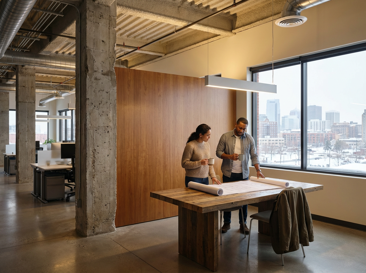 Two people looking at architectural plans on a table in a modern office with large windows and a city view, holding coffee mugs.