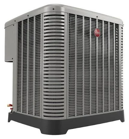 A large gray HVAC air conditioning unit with a red logo on the front, featuring vented panels and a black base.