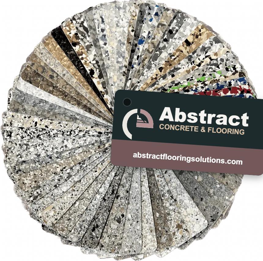 A circular display of various samples of concrete and flooring materials with different speckled and textured patterns, labeled with a tag from Abstract Concrete & Flooring.