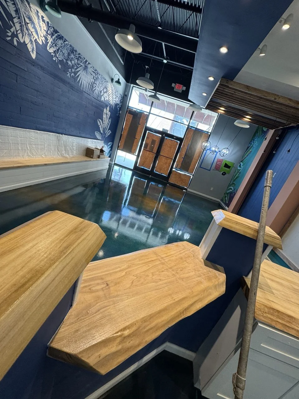 Interior of cafe stained concrete floors