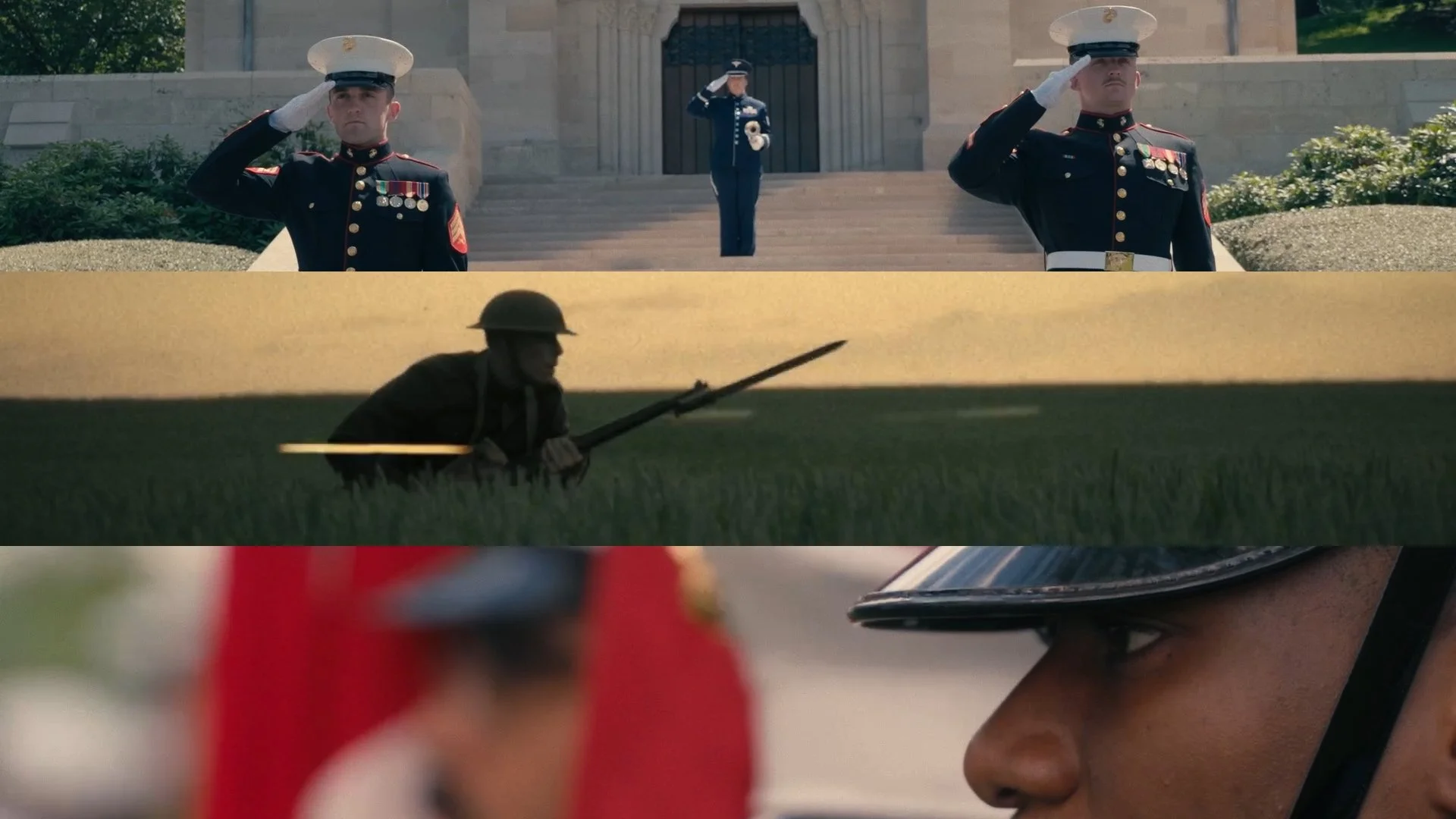 Collage of military personnel saluting, a soldier in camouflage in a field, and close-up of a soldier's face with a helmet.