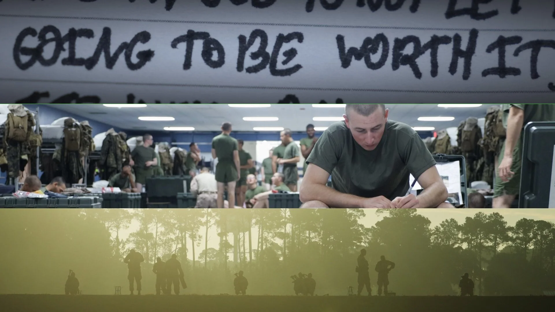 A collage of four images related to military training. The top image shows a handwritten note stating "COMING TO BE WORTH IT." The second image depicts a group of soldiers in a room preparing gear, with one soldier sitting and writing. The third image features soldiers in a forested area at sunset, silhouetted against the sky, with some standing and others sitting or crouching.
