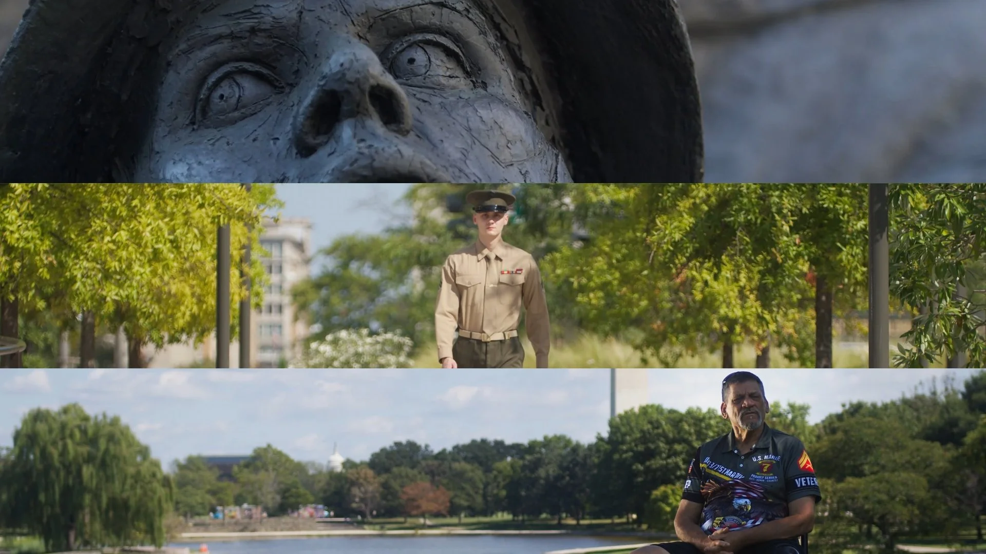 A layered image collage featuring a close-up of a skull sculpture at the top, a young man in a military uniform walking in a park in the middle, and an older man in a military uniform sitting outdoors near a body of water at the bottom.