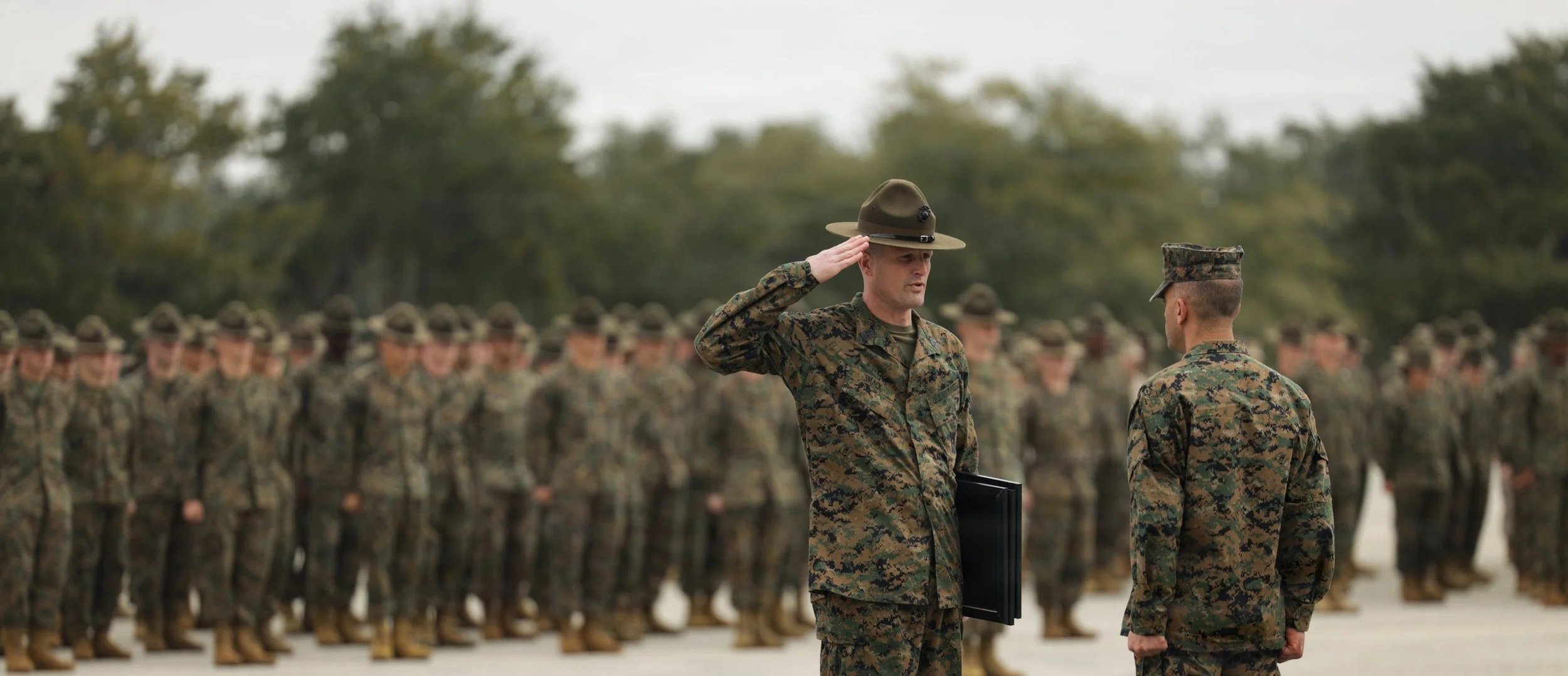 A military officer salutes another soldier during a formation of soldiers in camouflage uniforms, standing outdoors with trees in the background.
