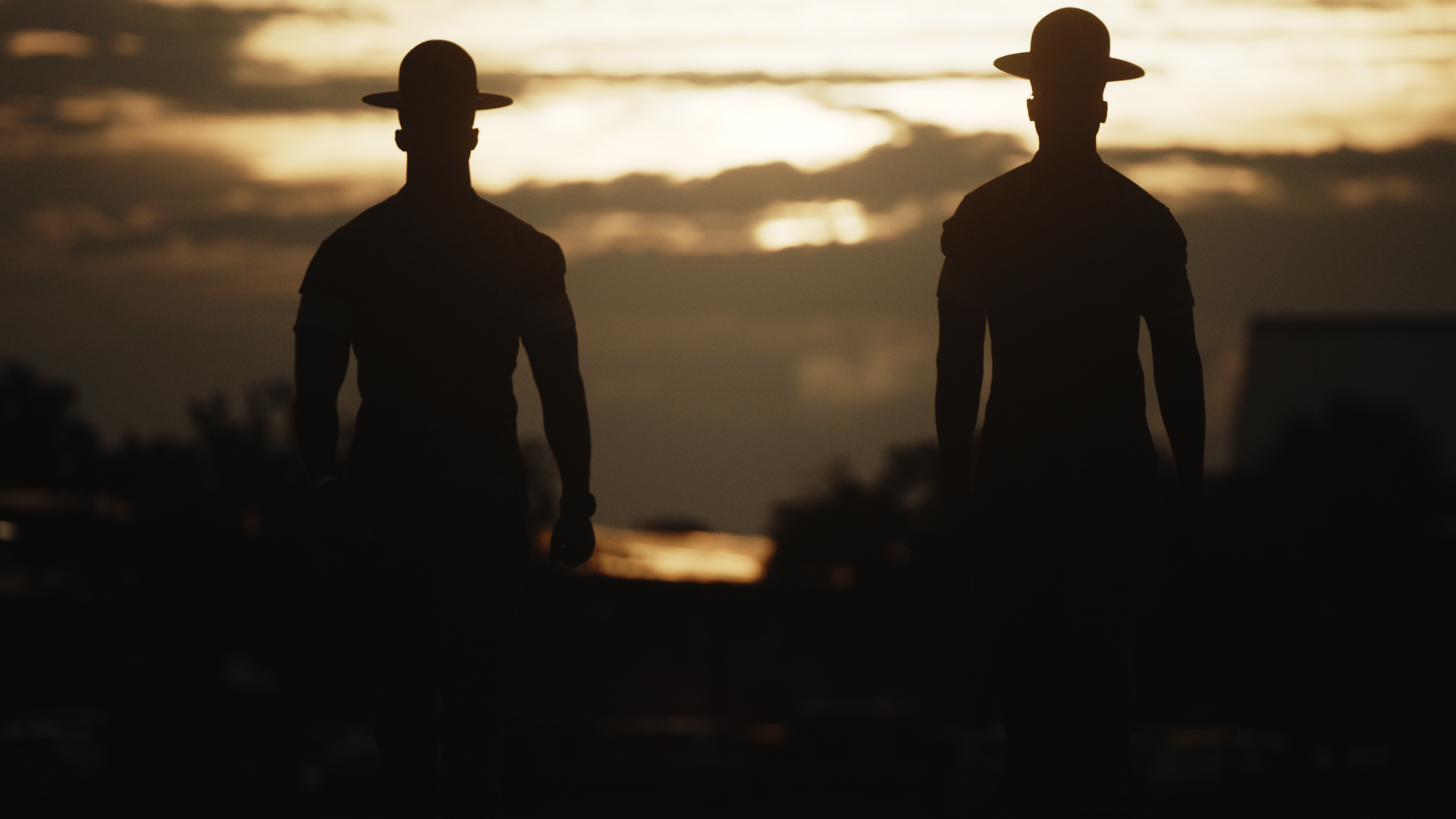 Silhouettes of two drill instructors against a sunset sky, standing outdoors.