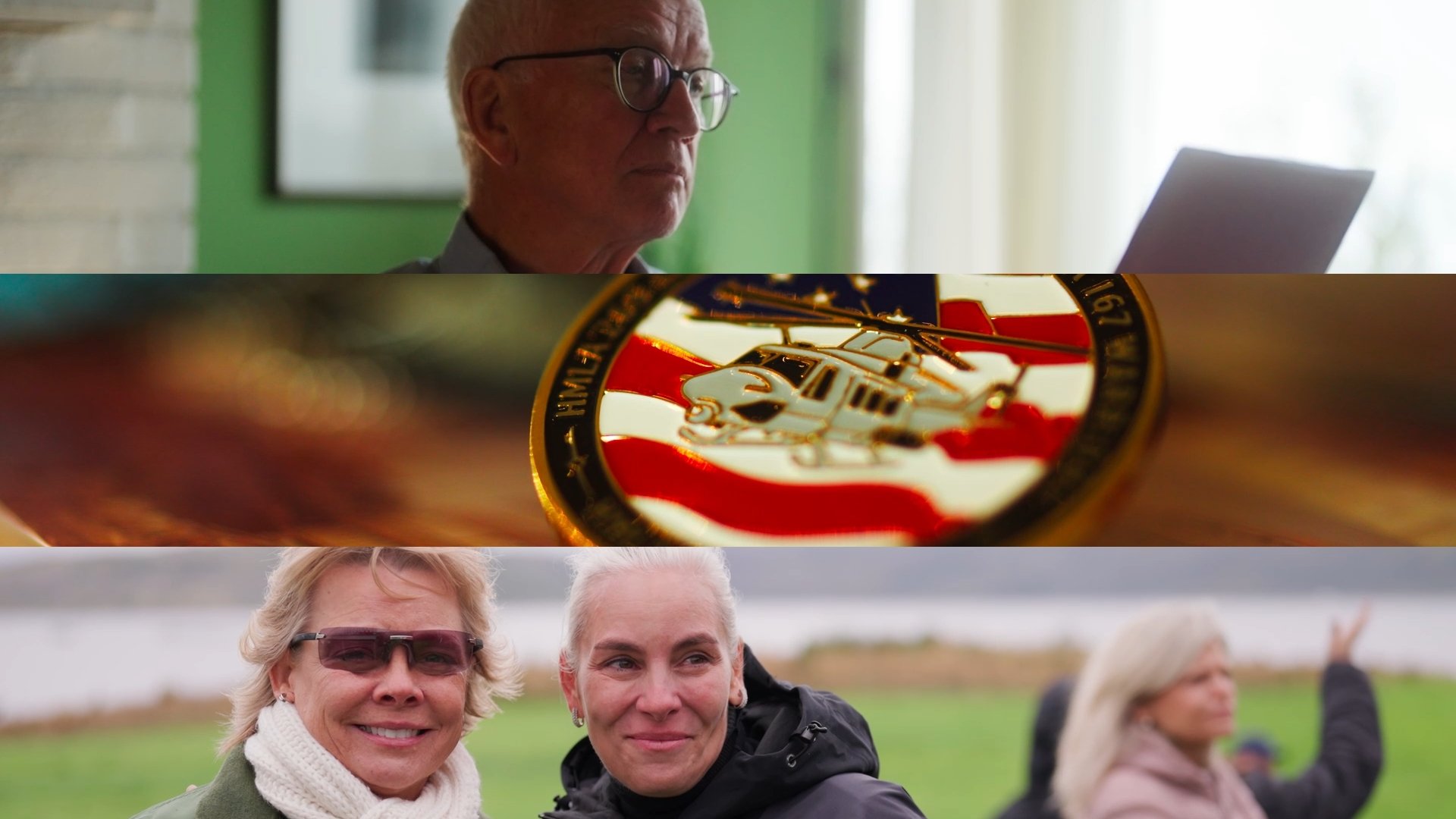 A collage of four images featuring people and a medal with an American flag design and a helicopter emblem.
