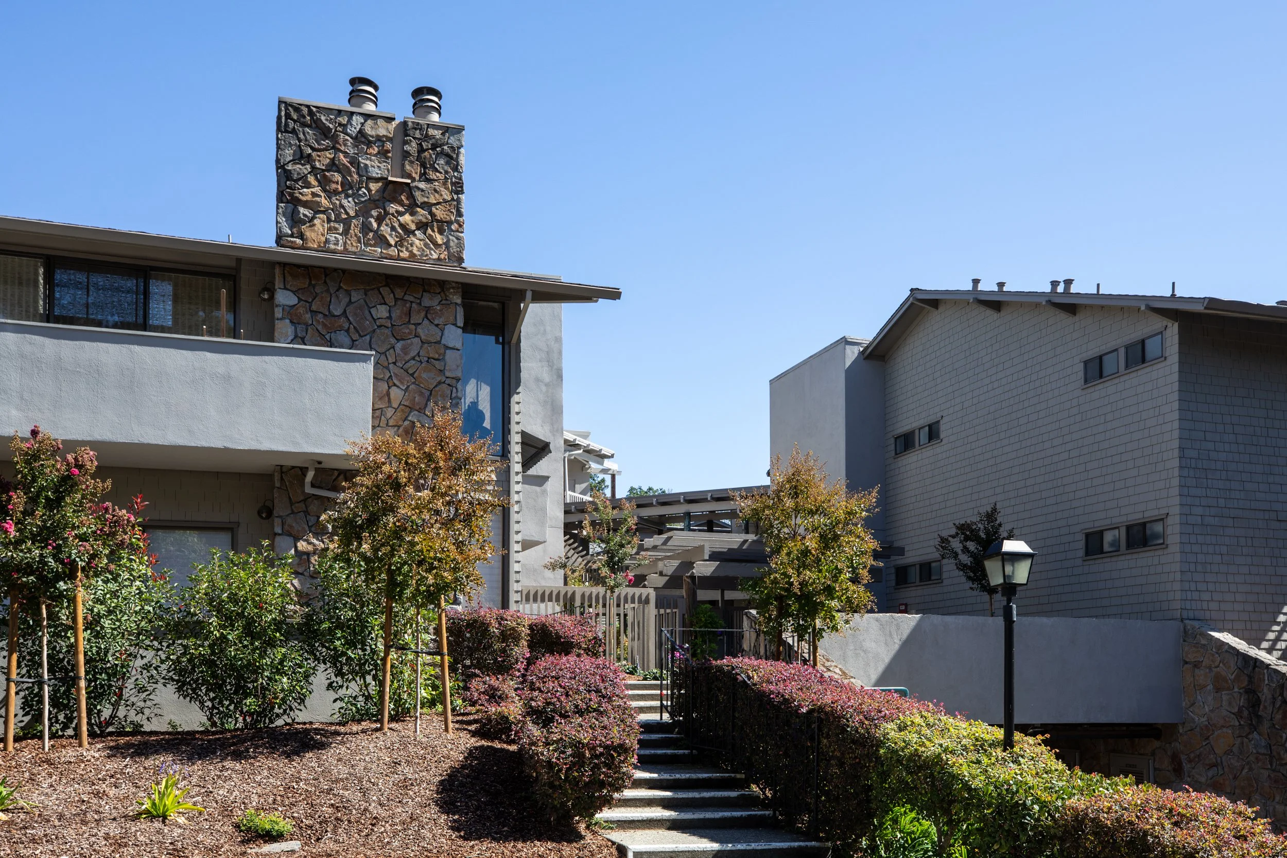 View of modern residential buildings with a landscaped garden, bushes, trees, and stairs leading to the upper level, under a clear blue sky.