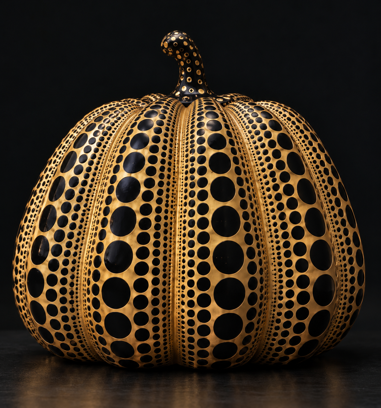 A decorative pumpkin sculpture with a pattern of black dots on a gold-colored surface, set against a black background.