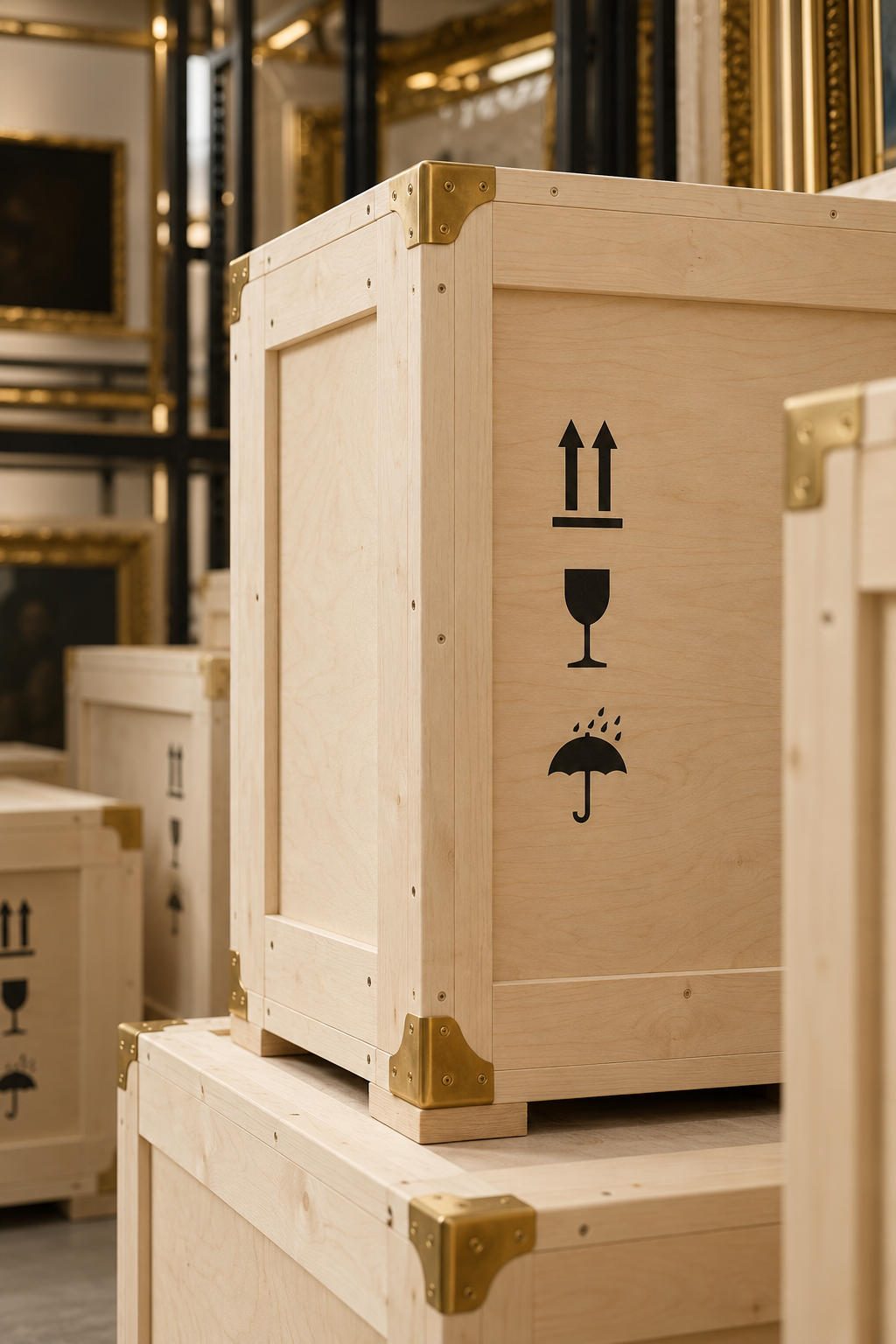 Wooden crate with handling and orientation symbols, including arrows pointing upward, a wine glass indicating fragile contents, and an umbrella indicating protection from rain.