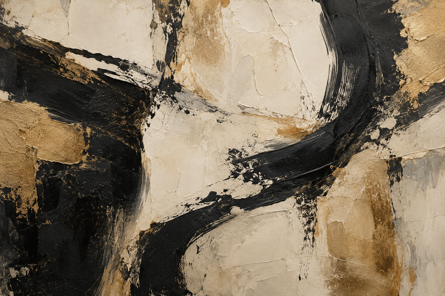Abstract painting with bold black brushstrokes on textured beige and gold background.
