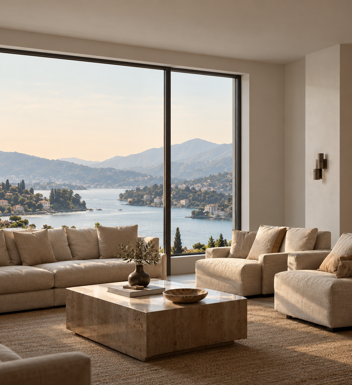 Living room with beige sofas, a marble coffee table, and large window overlooking a lake and mountains.