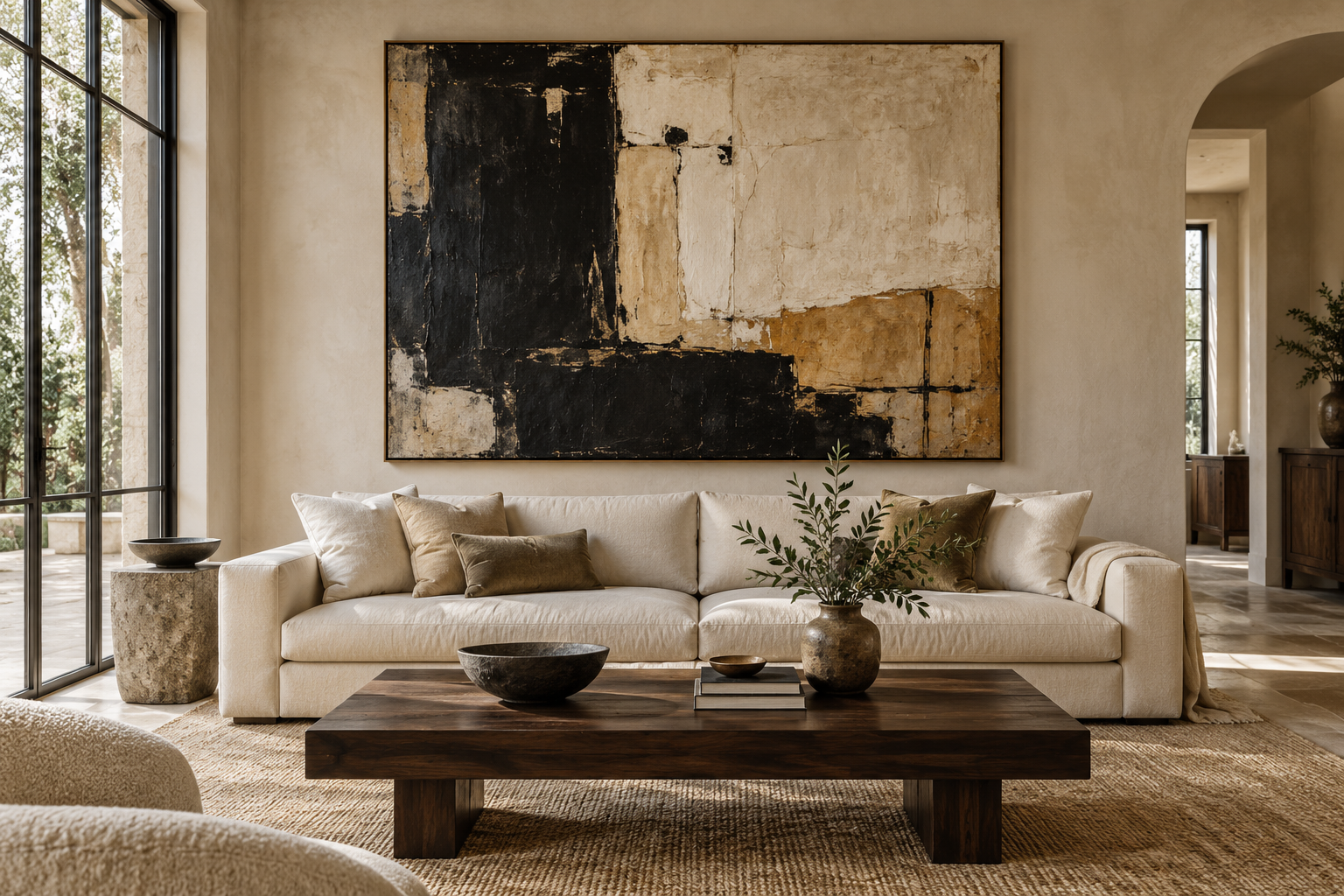 Abstract art displayed in an elegant cream living room