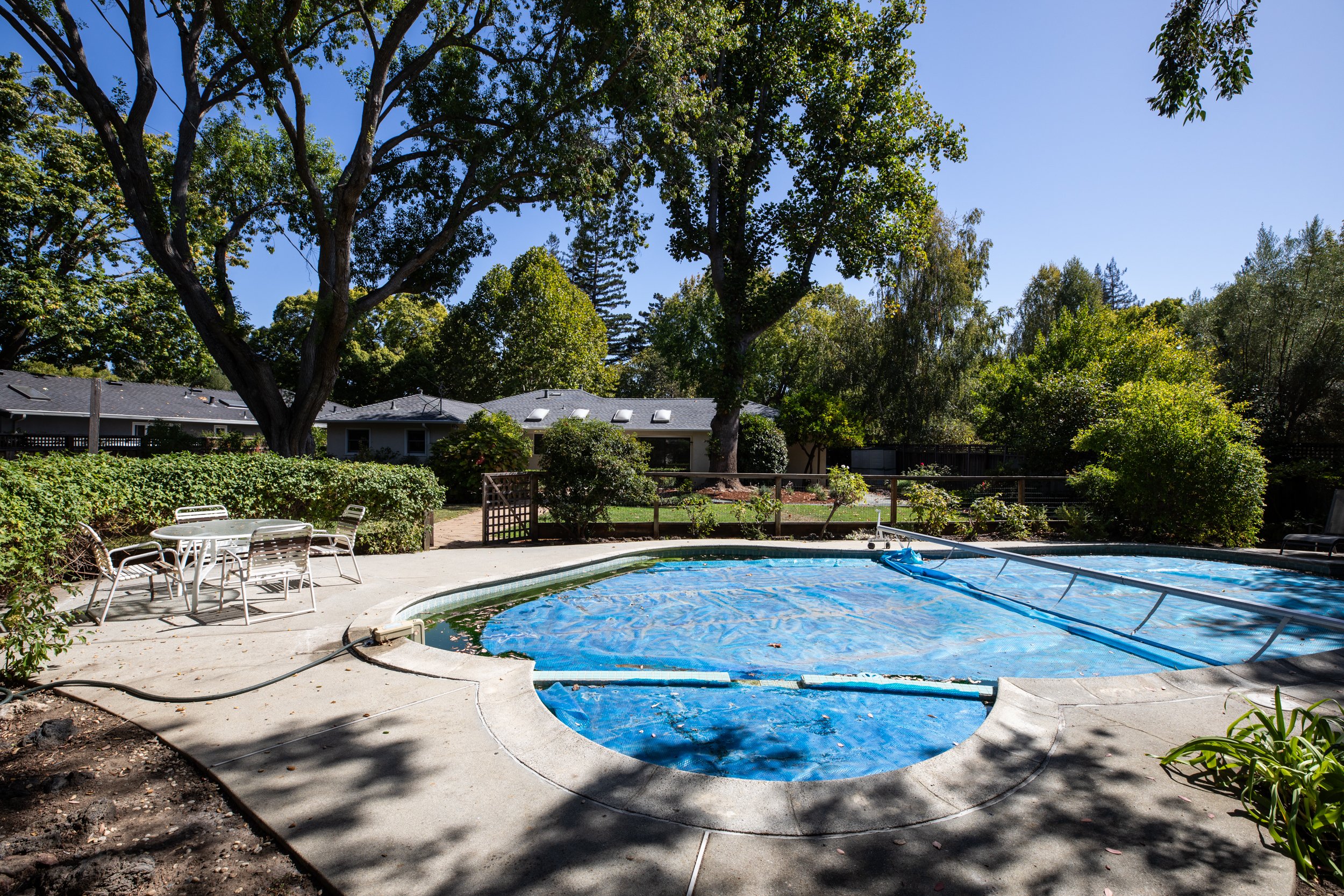 Backyard with trees and a house, swimming pool covered with a pool cover, surrounded by patio furniture and lush greenery.
