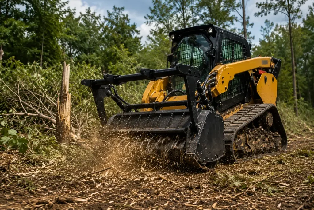 A tracked skid-steer loader clearing debris and cutting down a small tree in a forested area.