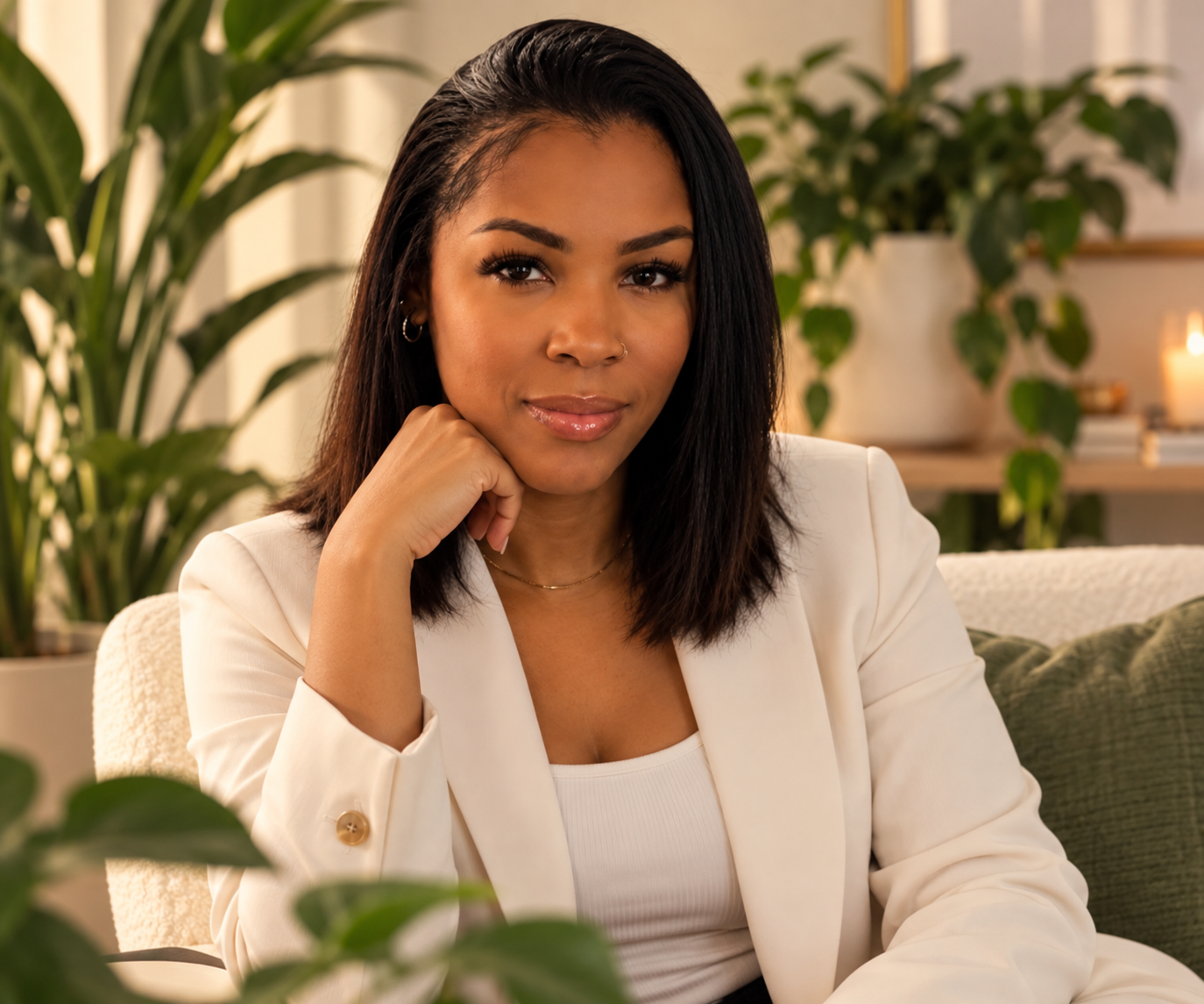 A woman with shoulder-length black hair, wearing a white blazer and top, sitting on a beige couch with green cushions in a cozy, well-lit room with houseplants and candles.