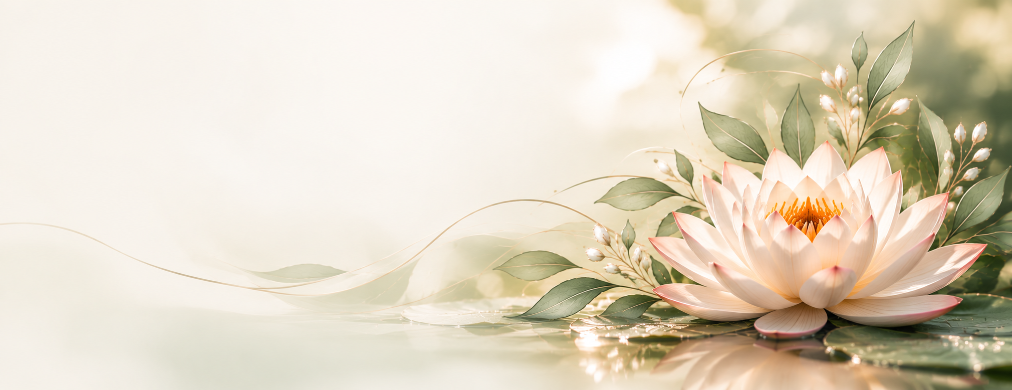 A serene scene with a large pale pink and white lotus flower surrounded by green leaves and small white buds, floating on calm water with soft sunlight.