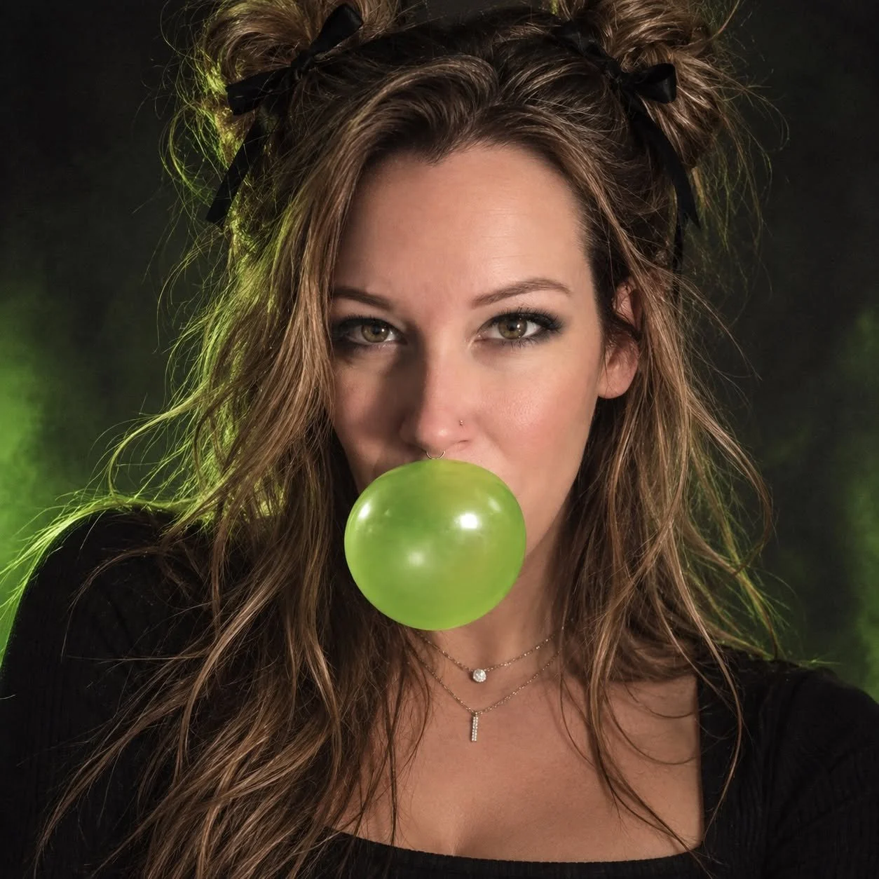 Heather Bondurant, dark romance author for moms promoting Lime Green Stained Love, a novel made for moms and grown women. Using lime green gum to signify dark rom-com vibes.