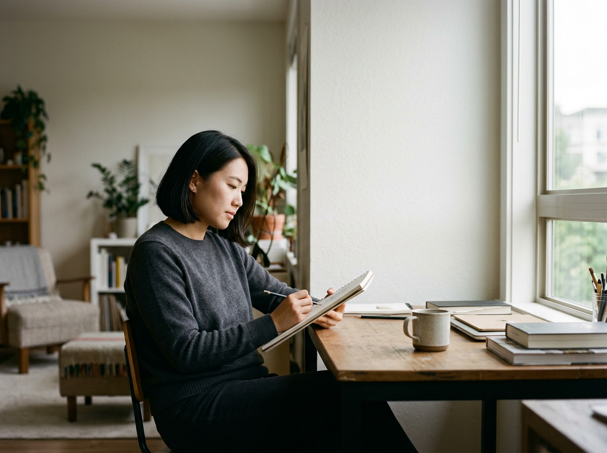 Woman sitting at a wooden table, writing or sketching in a notebook, with books and a mug on the table, near a window in a cozy living space.